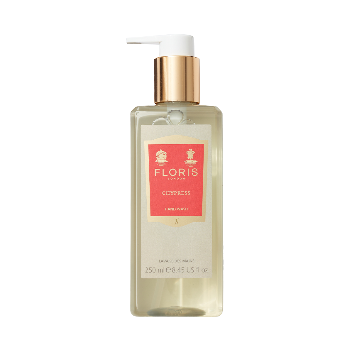 A 250ml rectangular clear bottle of Floris London Chypress - Luxury Hand Wash with a gold pump, red label, and the elegant Chypress scent.