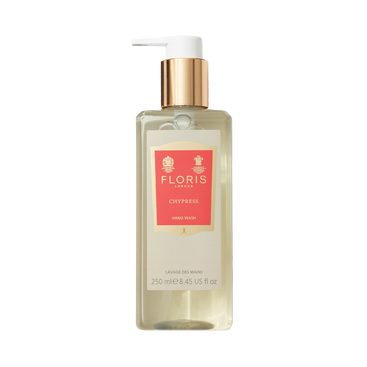 A 250ml rectangular clear bottle of Floris London Chypress - Luxury Hand Wash with a gold pump, red label, and the elegant Chypress scent.