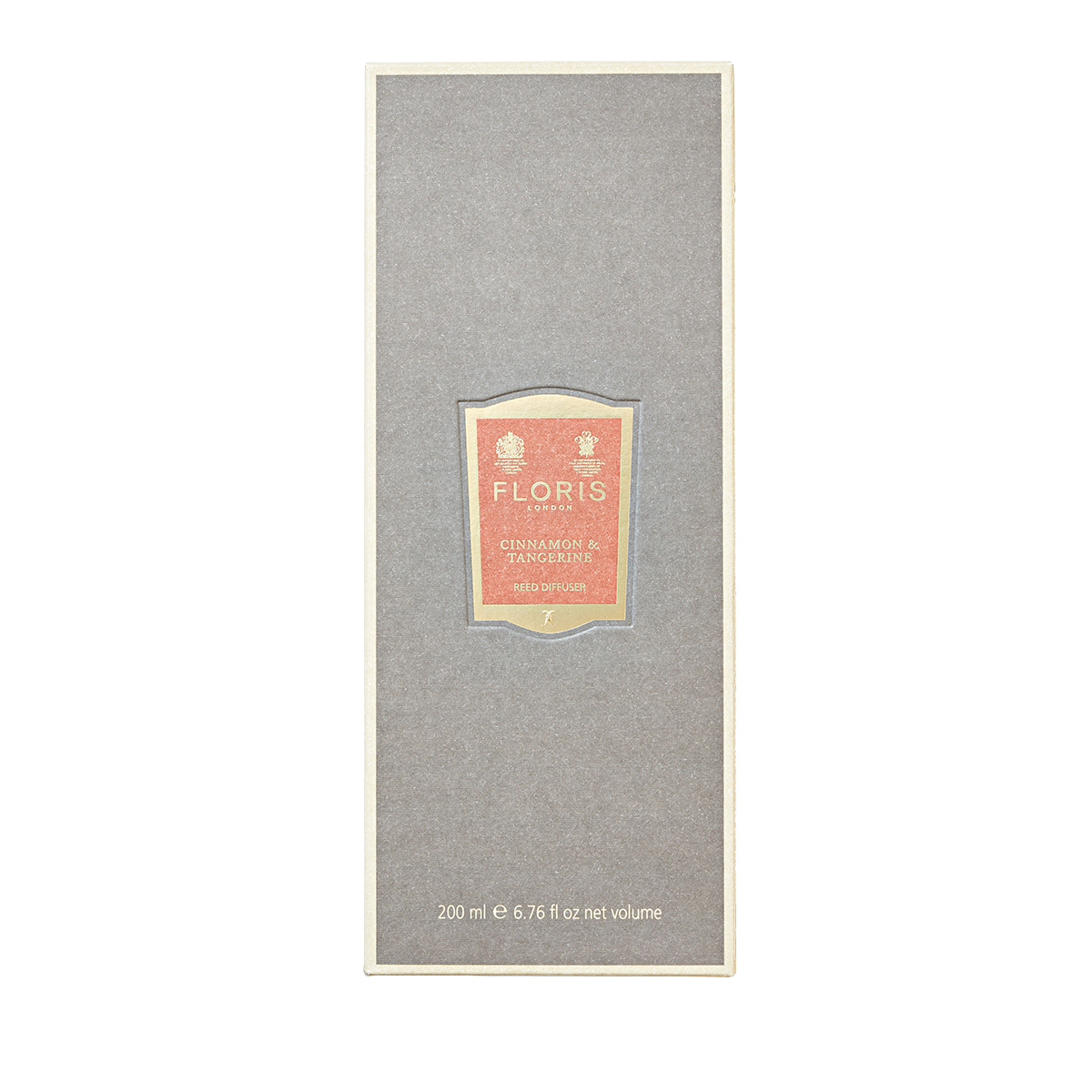 A rectangular gray box with a central label, "Floris London Cinnamon & Tangerine - Reed Diffuser," offers a rich spice blend scent. 200ml.