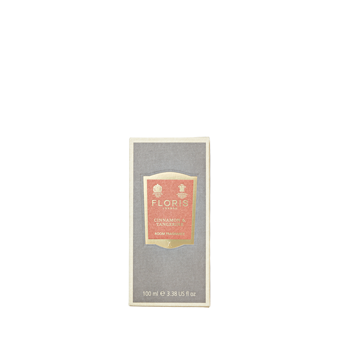 A 100ml Floris London Cinnamon & Tangerine Room Fragrance in a rectangular box with a grey and peach label—ideal for rich spice scent lovers.