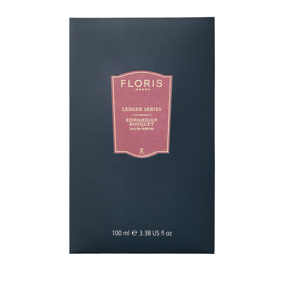A navy blue box of Floris London EU Edwardian Bouquet, a 100ml floral eau de parfum with bergamot notes and a pink label.