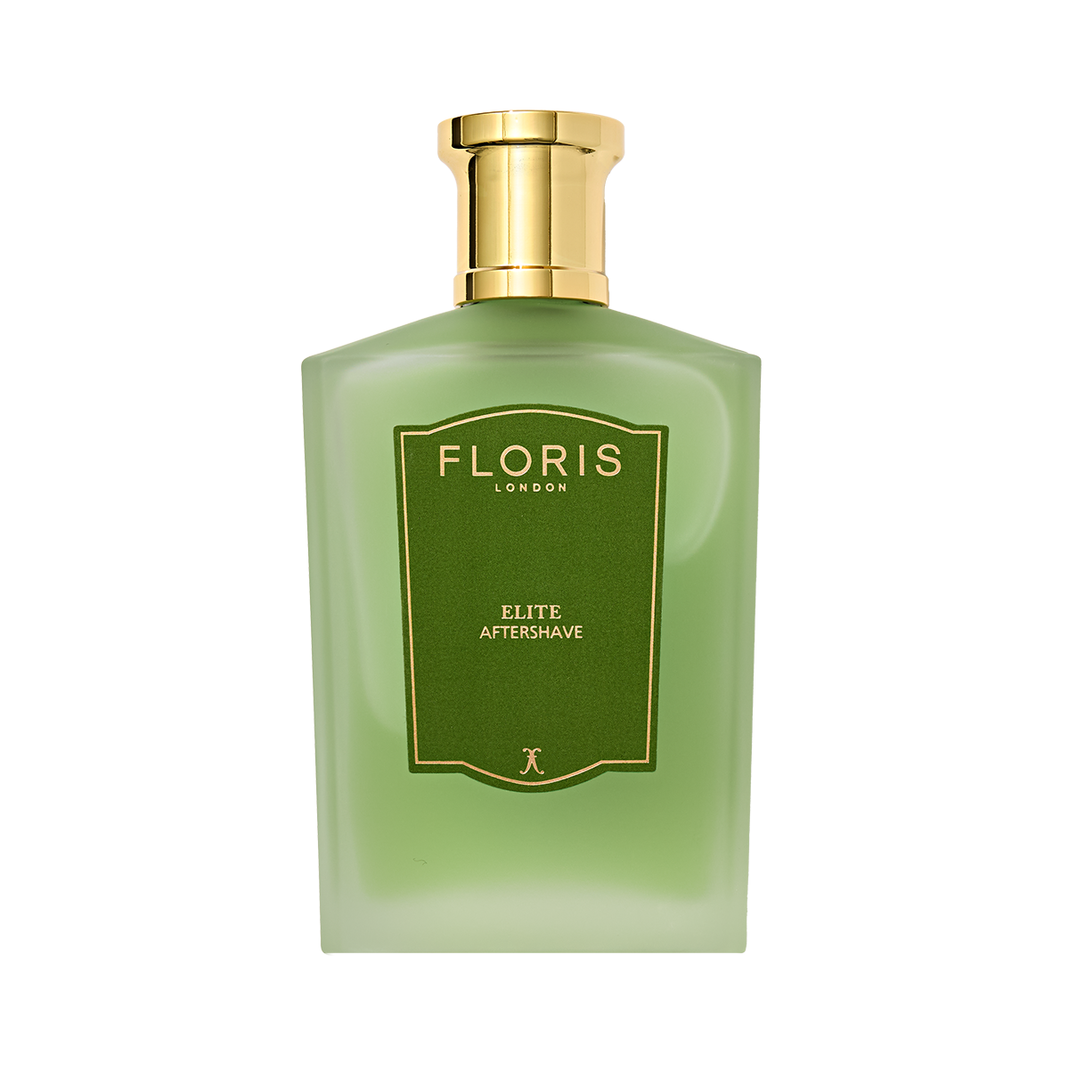 A green bottle of Floris London Elite - Aftershave, with a gold cap and green label, features witch hazel on a white background.