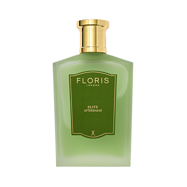 A green bottle of Floris London Elite - Aftershave, with a gold cap and green label, features witch hazel on a white background.