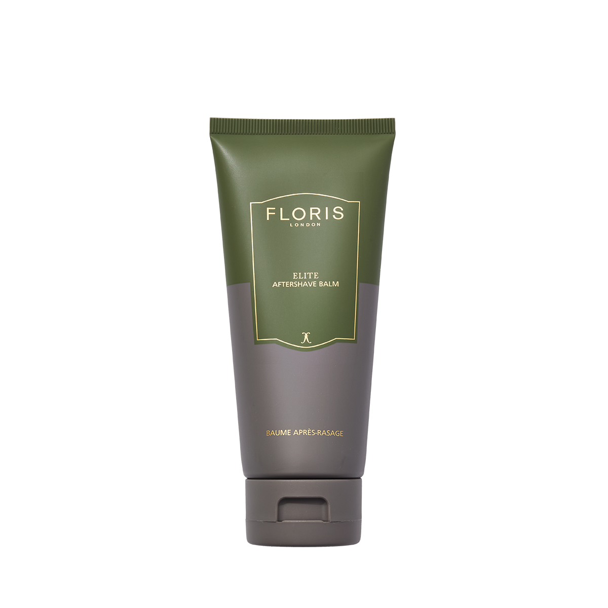 A green and gray tube of Floris London Elite Aftershave Balm 100ml stands upright, gold and white text highlighting its formula against a white background.