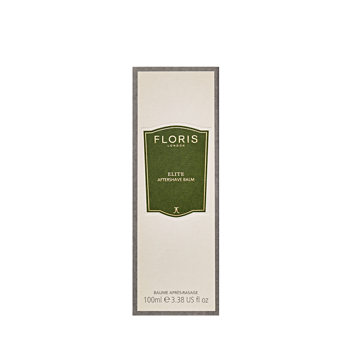 Rectangular box of Floris London Elite Aftershave Balm 100ml with a green label on beige background and product details at the bottom.