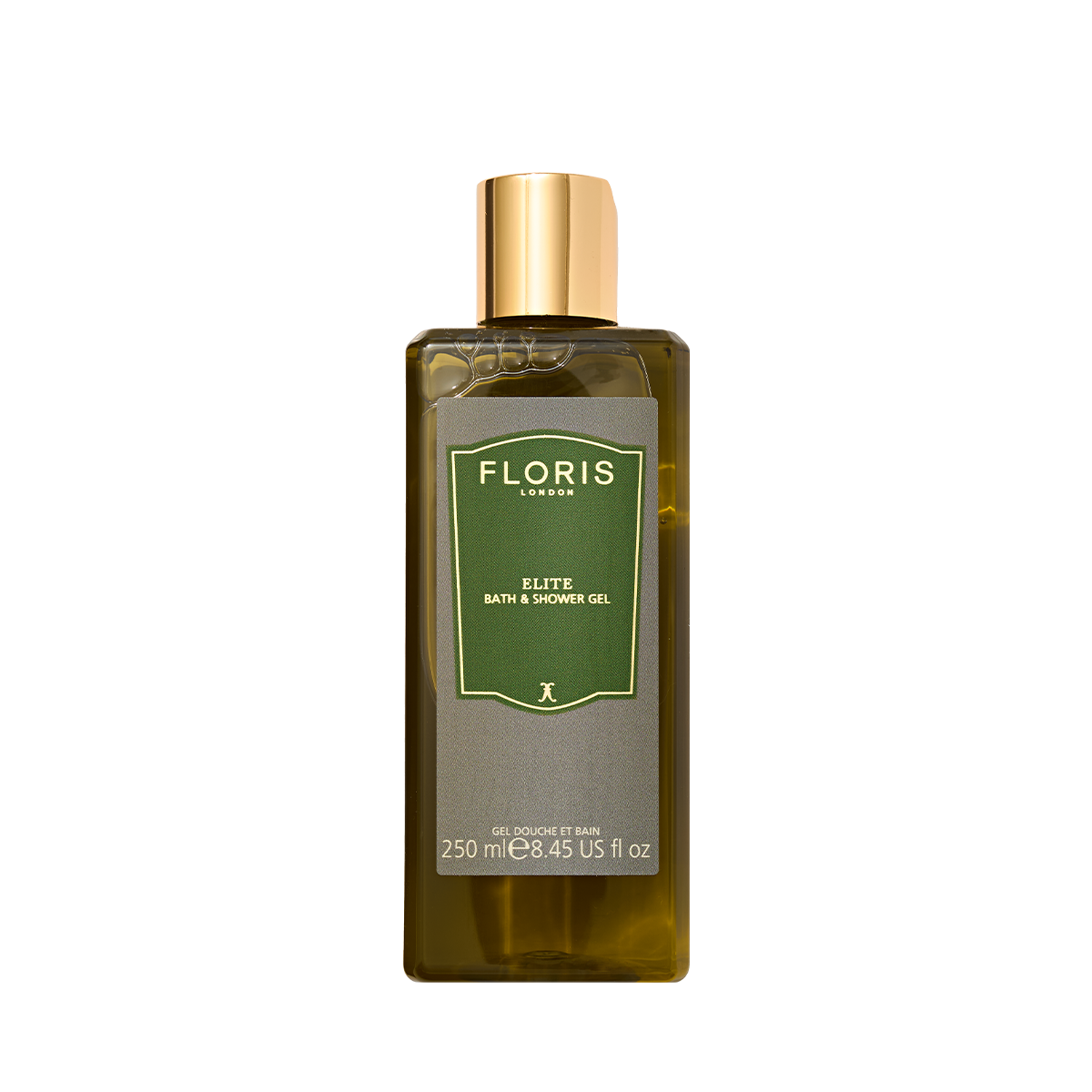 A 250 ml bottle of Floris London Elite - Moisturising Bath & Shower Gel with a green label and gold cap, set against a plain white background.
