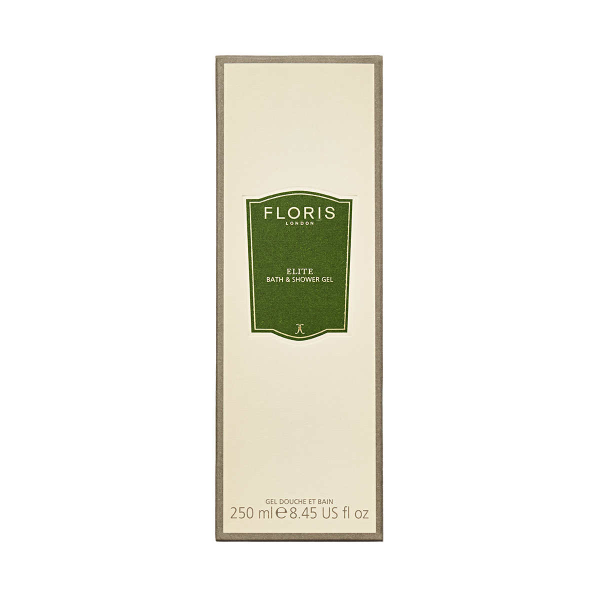 Floris London Elite - Moisturising Bath & Shower Gel, 250ml, in a cream box with green label, features woody green notes.