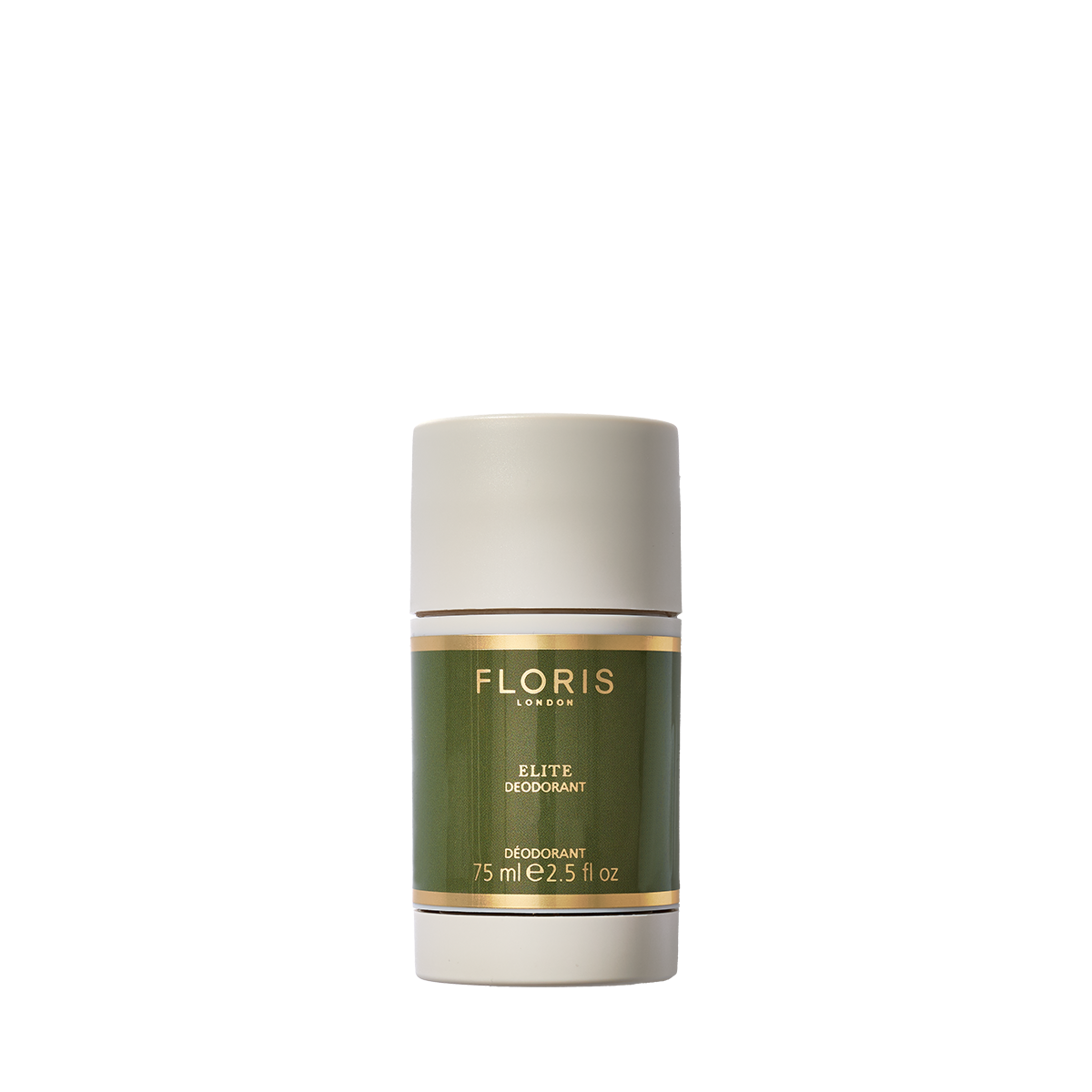 A 75ml Floris London EU Elite Deodorant Stick for sensitive skin, in a green and gold cylindrical container, shown against a white background.