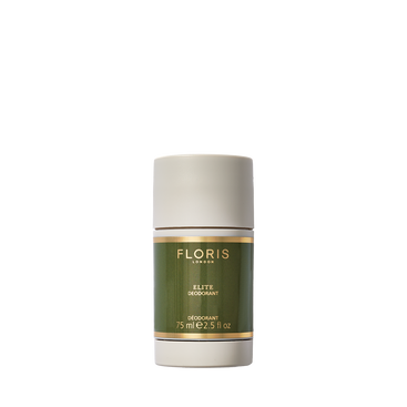 A 75ml Floris London EU Elite Deodorant Stick for sensitive skin, in a green and gold cylindrical container, shown against a white background.