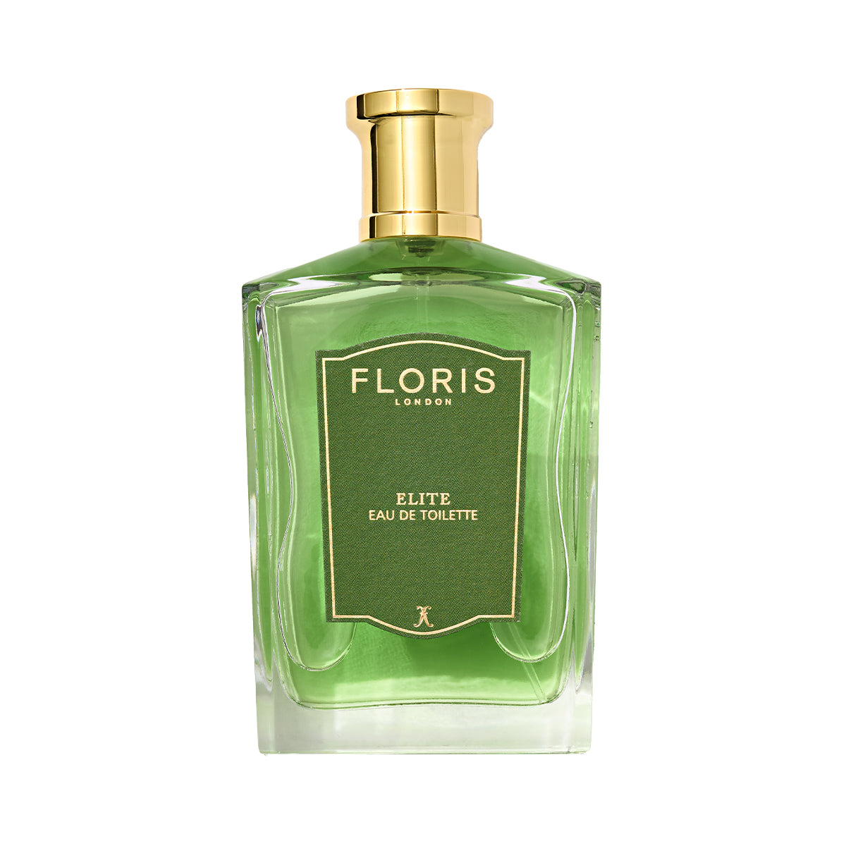 A bottle of Floris London Elite - Eau de Toilette, with a green label and gold cap, features woody notes and is shown on a white background.