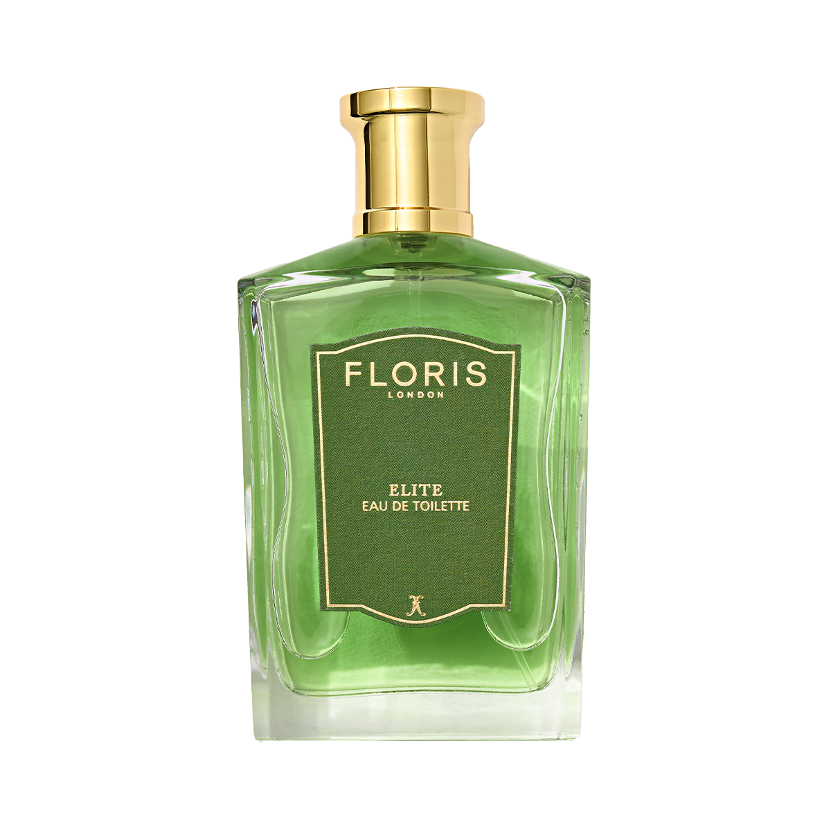 A clear glass bottle of Floris London Elite - Eau de Toilette with a green label, gold cap, and green liquid, set against a white background.