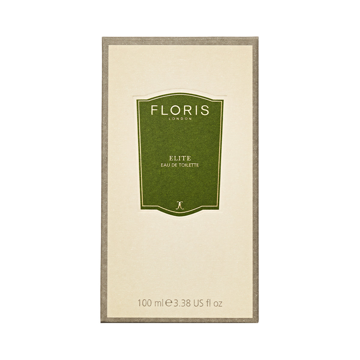 A rectangular Floris London Elite - Eau de Toilette box has a green label, beige border, and offers a woody, complex scent. 100 ml / 3.38 oz.