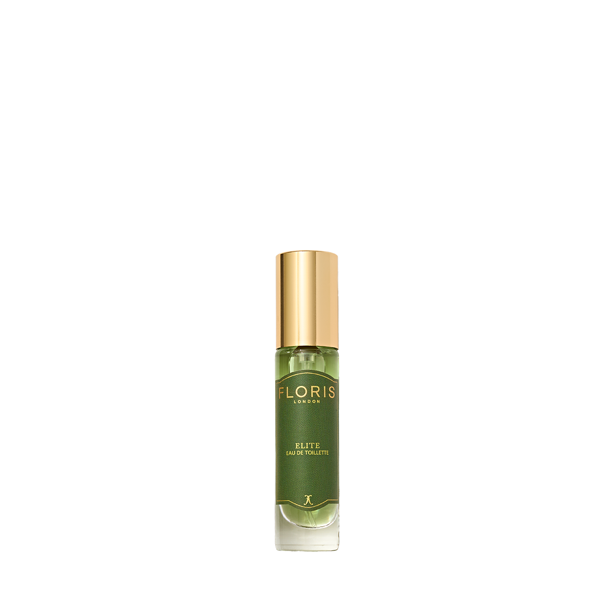 A small glass bottle of Floris London Elite - Eau de Toilette, with a gold cap and green label, is set against a white background.