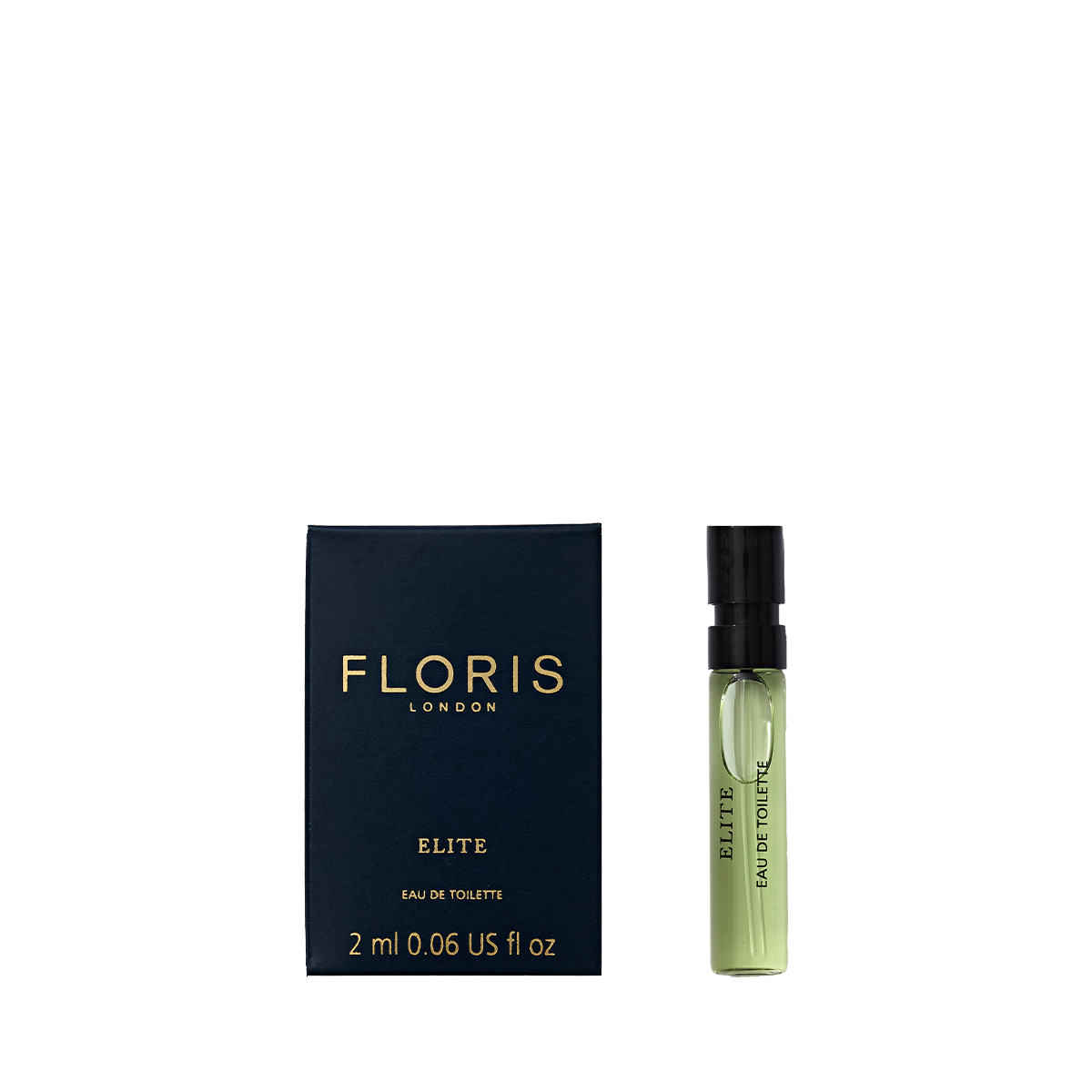 A box labeled "Elite - Eau de Toilette" by Floris London stands beside a 2 ml spray vial, highlighting the woody scent’s classic British style.