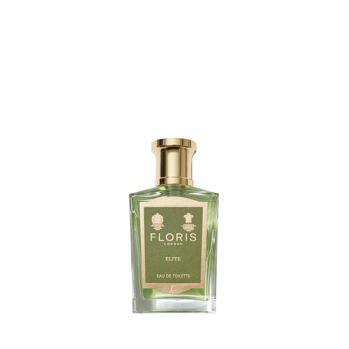 A clear glass bottle of Floris London Elite - Eau de Toilette, a woody scent, features a gold cap and label, displayed on a white background.