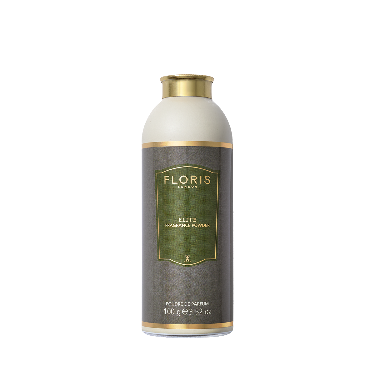 A 100g cylindrical bottle of Floris London EU Elite - Fragrance Powder with aloe vera, gold cap, and green label to soothe and protect skin.