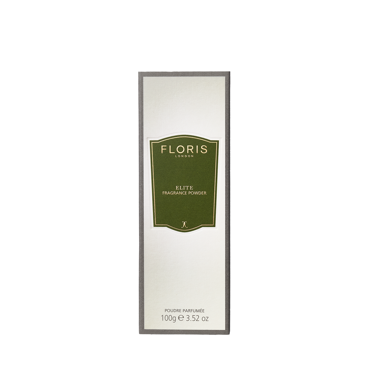 Floris London EU Elite Fragrance Powder with aloe vera soothes and protects skin; comes in a 100g (3.52 oz) rectangular box with a green label.