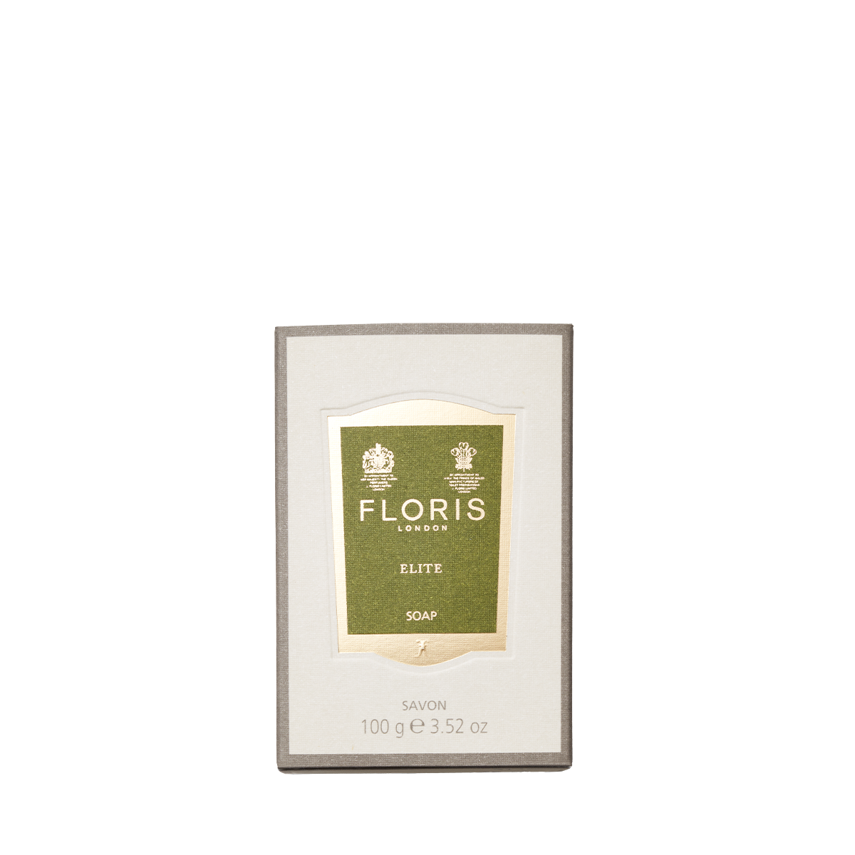 A 100g box of Floris London EU Elite Soap, with a green and gold label and woody notes, is displayed against a plain white background.