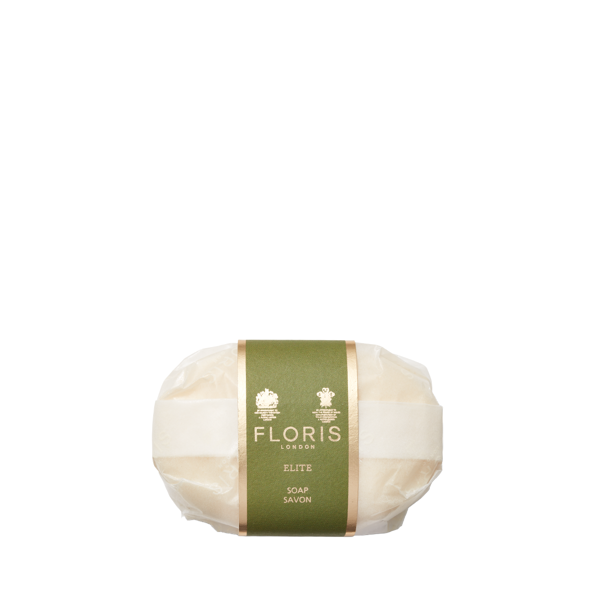 A wrapped Floris London EU Elite Soap bar with a green and gold label, featuring woody notes, is shown against a plain white background.