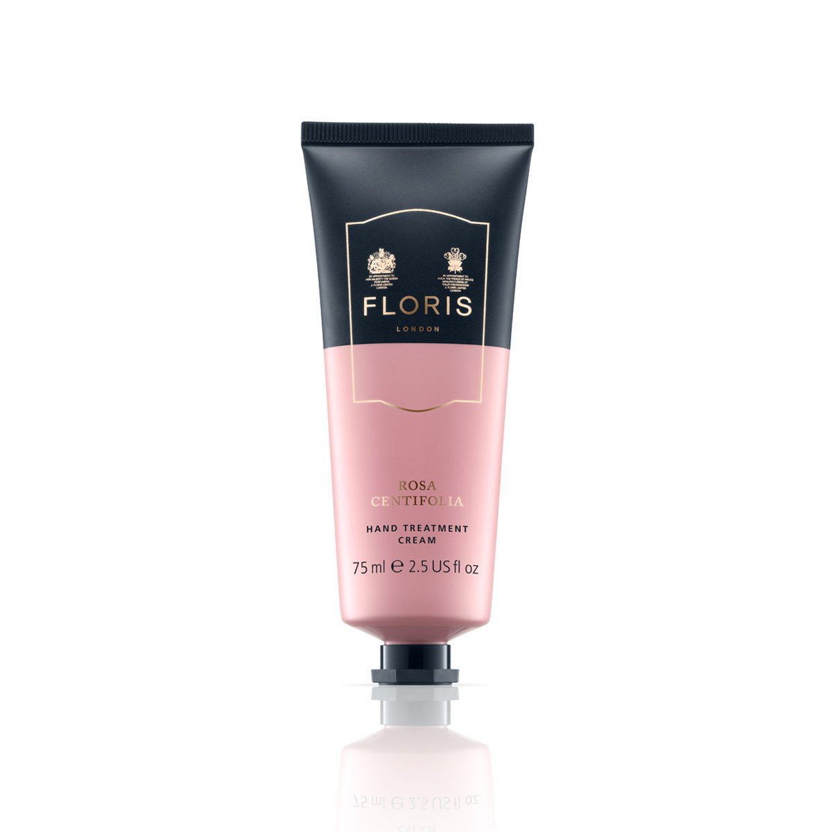 A 75 ml tube of Floris London Rosa Centifolia Hand Treatment Cream, featuring pink and black packaging. This 100% vegan formulation ensures your hands receive the utmost care.
