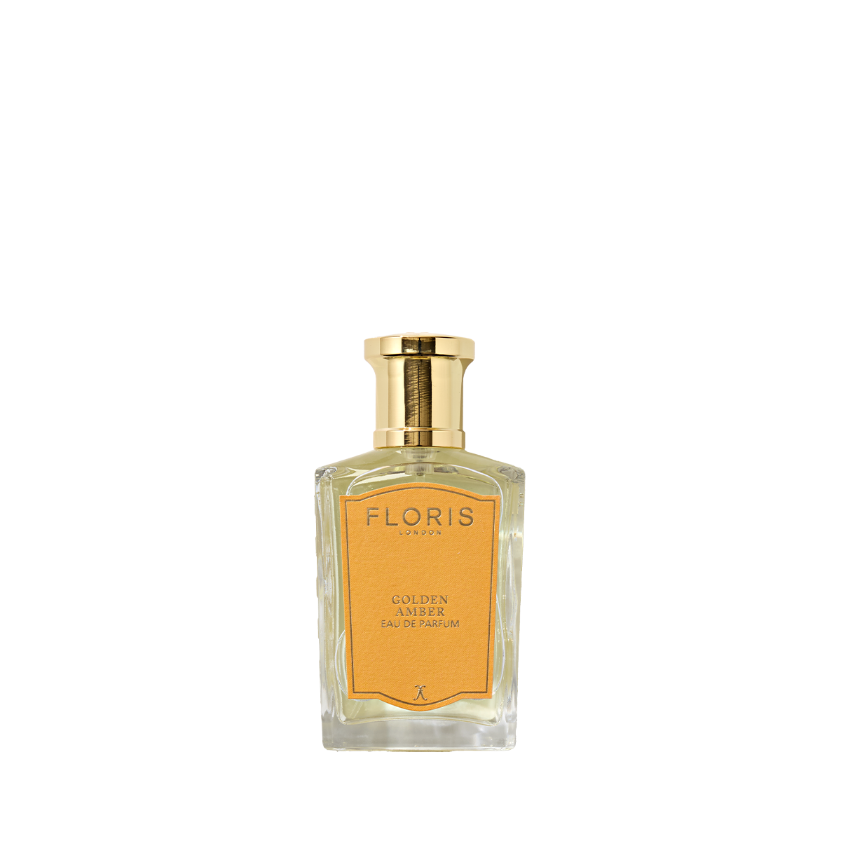 A clear glass bottle of Floris London Golden Amber - Eau de Parfum, with a gold cap and orange label, is set against a plain white background.