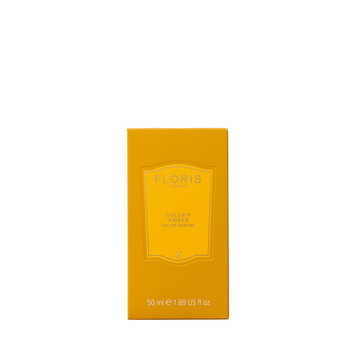A yellow box of Floris London Golden Amber - Eau de Parfum, a refined floral scent with English Rose, stands upright against a plain white background.
