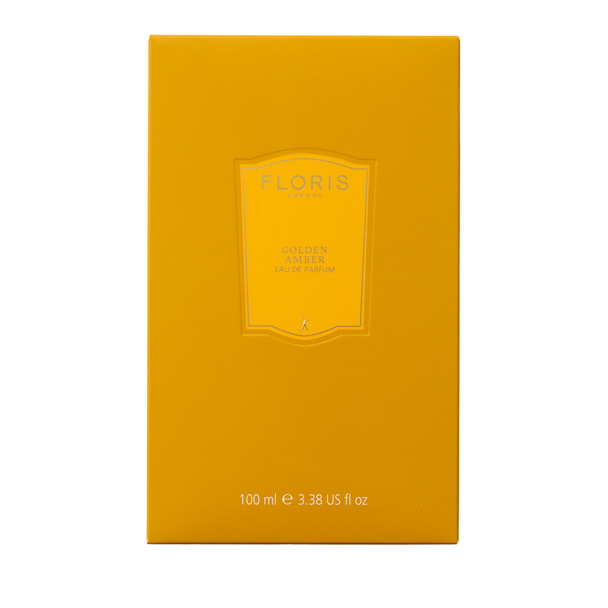 Yellow rectangular box of Floris London Golden Amber Eau de Parfum, 100 ml, with minimal text and a hint of English Rose floral elegance.