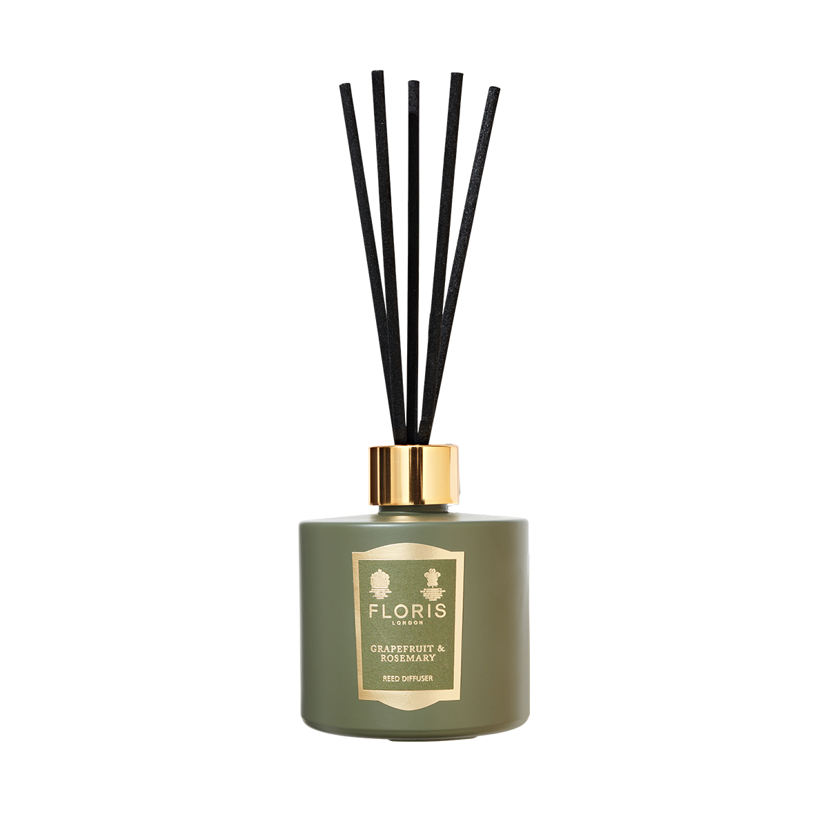 The Floris London Grapefruit & Rosemary Reed Diffuser fills any space with a fresh grapefruit scent and comes with black reeds and a gold label.
