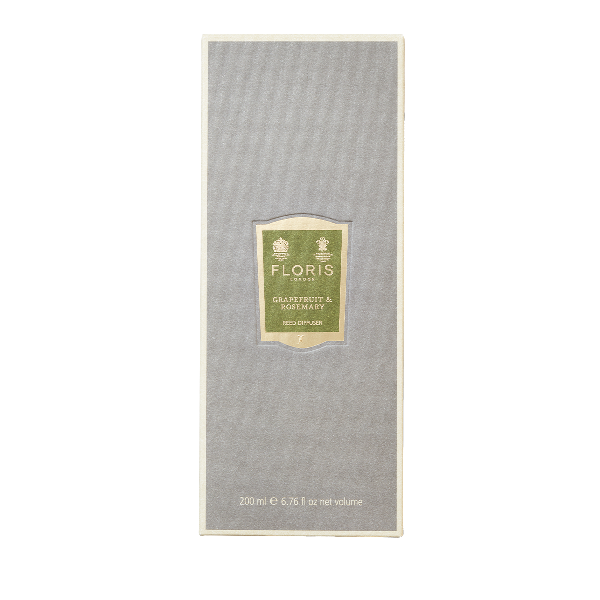 A rectangular gray box of Floris London Grapefruit & Rosemary Reed Diffuser, 200 ml, features a green and cream label and fresh grapefruit scent.