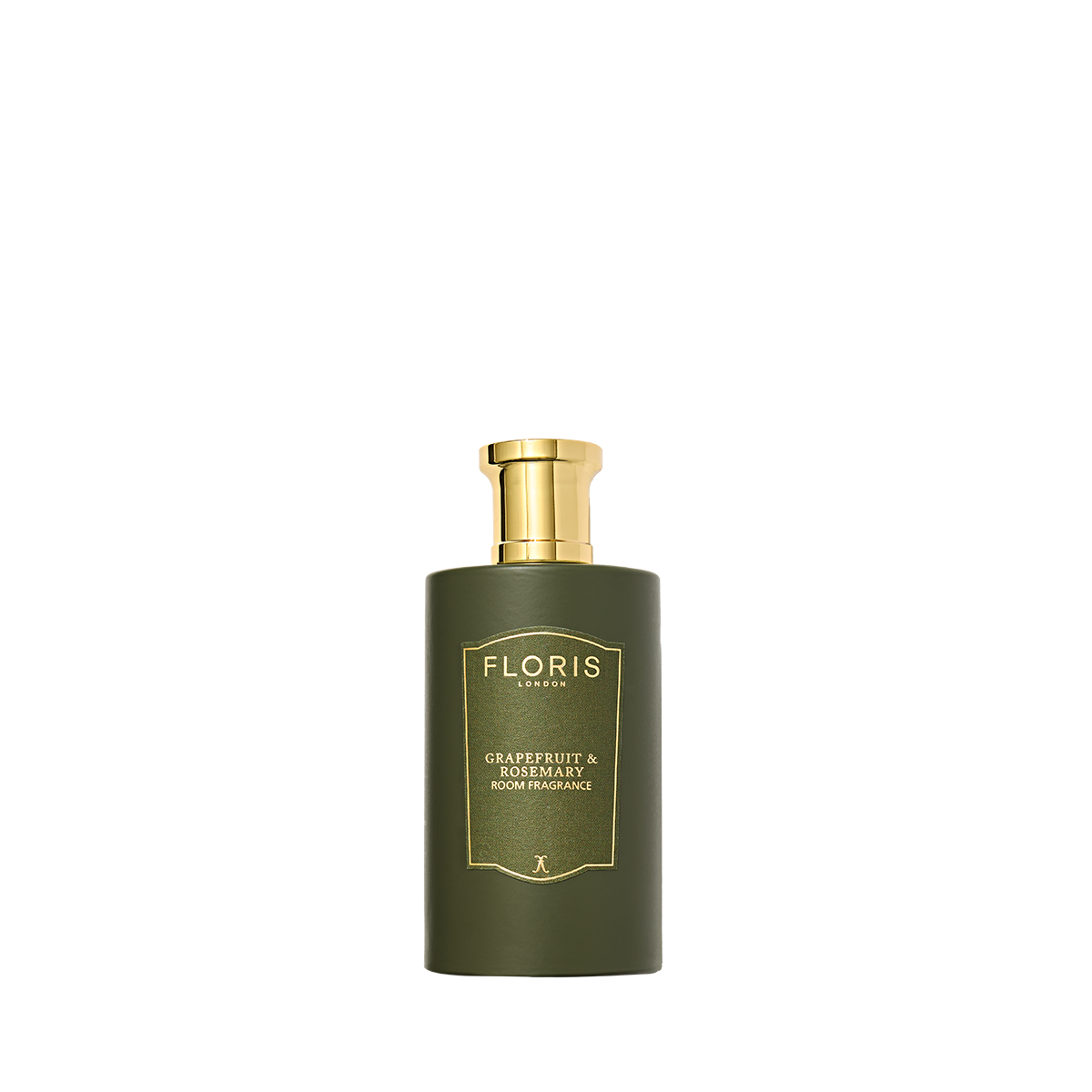 The Floris London Grapefruit & Rosemary Room Fragrance, in a green bottle with a gold pump, adds freshness against a plain white background.