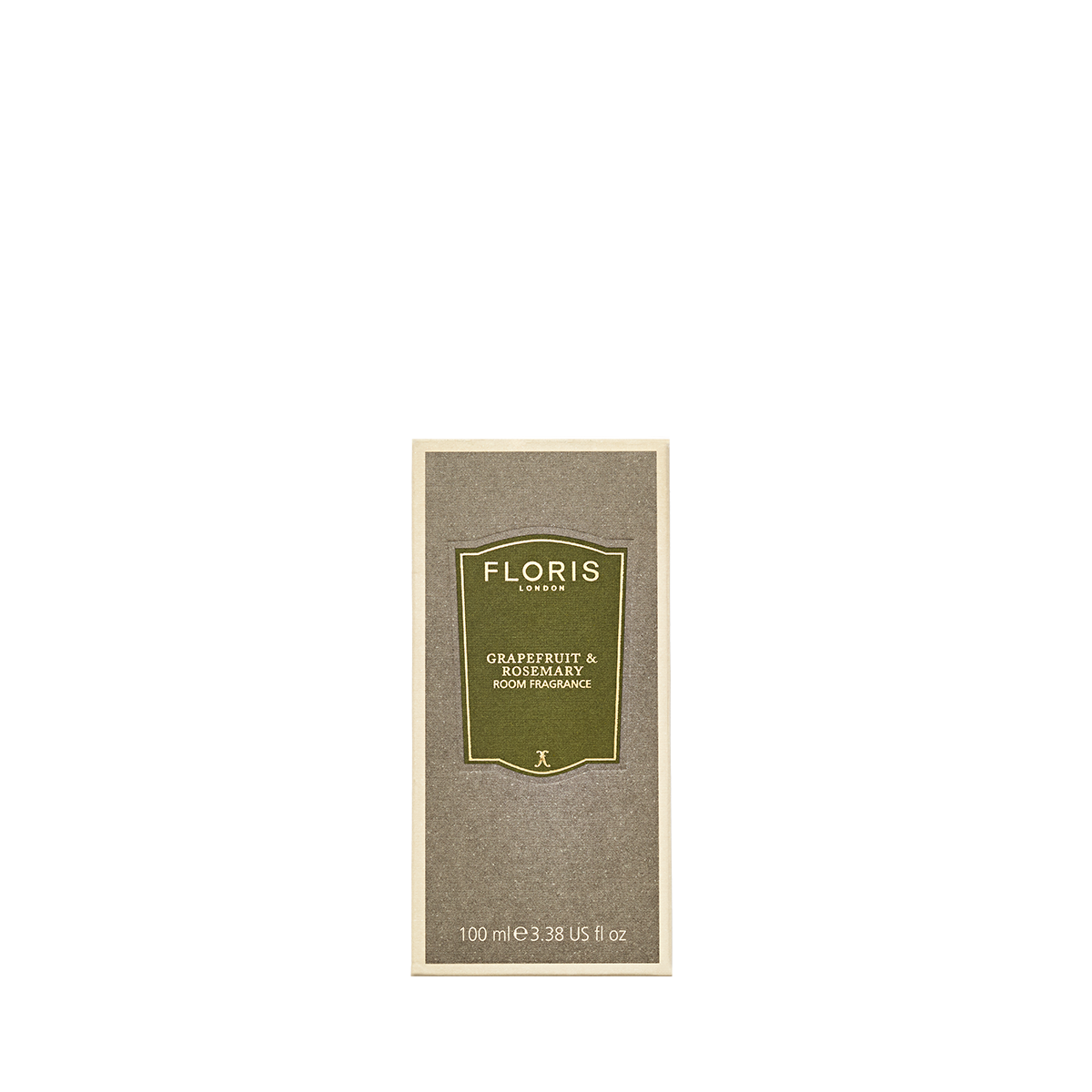 A 100ml rectangular box of Floris London Grapefruit & Rosemary Room Fragrance, with a green-gold label and fresh scent accented by sandalwood.
