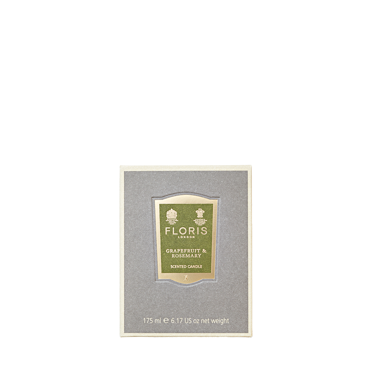 The Floris London Grapefruit & Rosemary Candle, 175 ml (6.17 oz), features pure fragrance oils and a gray-gold label in an elegant box.