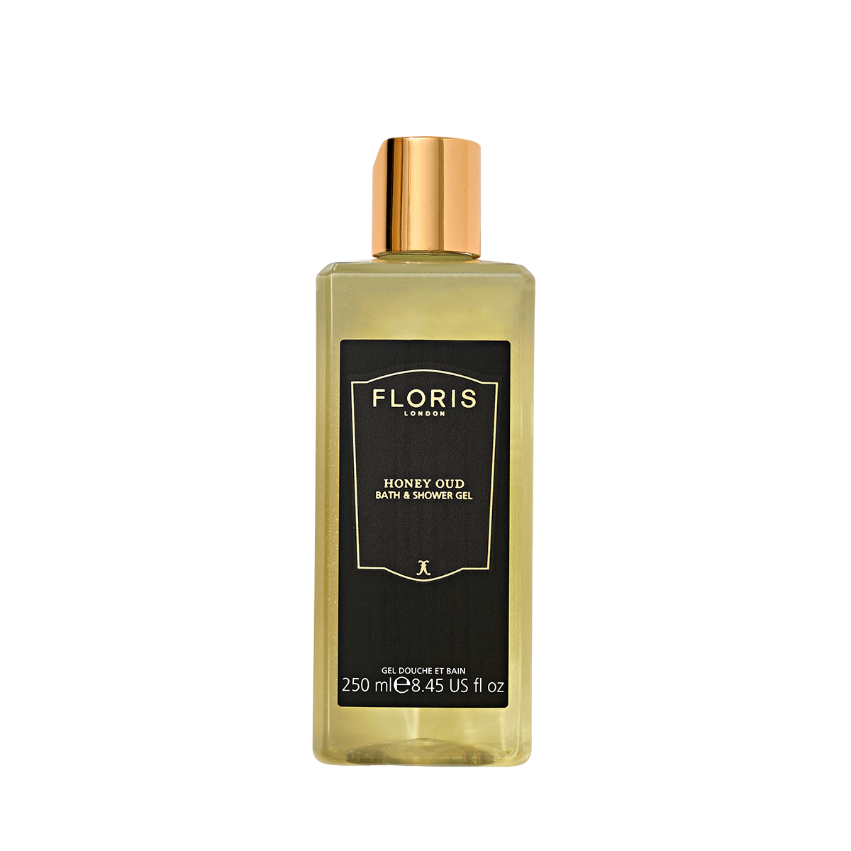 A clear 250ml Floris London UK Honey Oud Bath & Shower Gel with oud oil, gold cap, and black label holds luxurious bath gel.