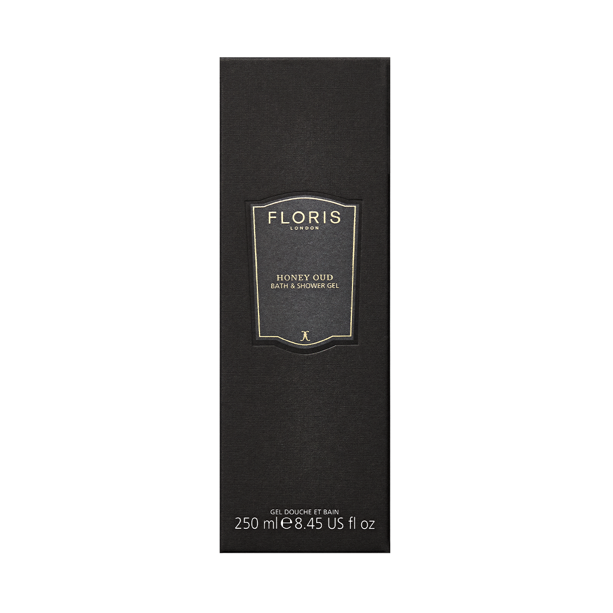 Black rectangular Floris London UK Honey Oud Bath & Shower Gel, 250ml, with gold and white text. Contains nourishing oud oil.