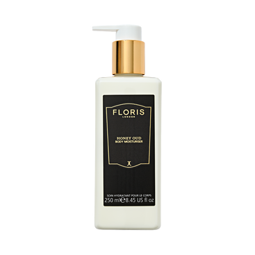 A 250ml bottle of Floris London UK Honey Oud Body Moisturiser, luxuriously scented with oud oil, stands upright against a plain background.