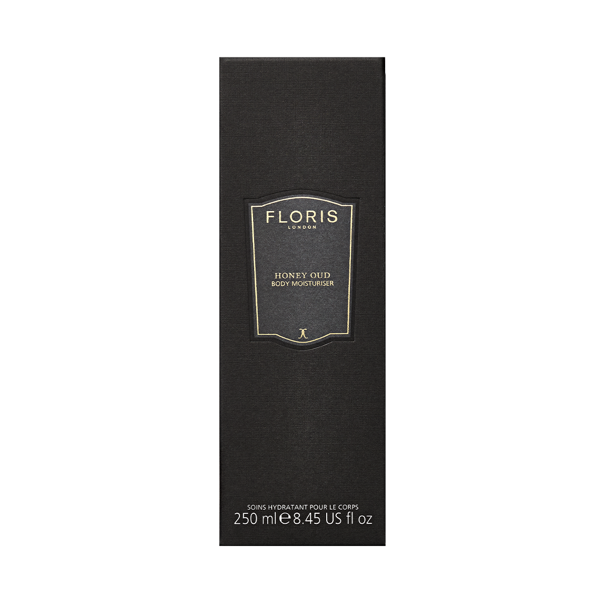 A 250ml Floris London UK Honey Oud Body Moisturiser in a black box with gold and white text, featuring a luxurious oud oil fragrance.