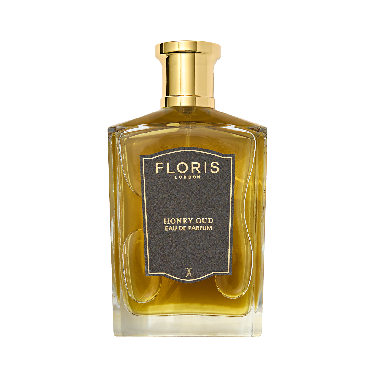 A rectangular glass bottle of Floris London Honey Oud Eau de Parfum, featuring notes of English honey and oud, is shown on a white background.