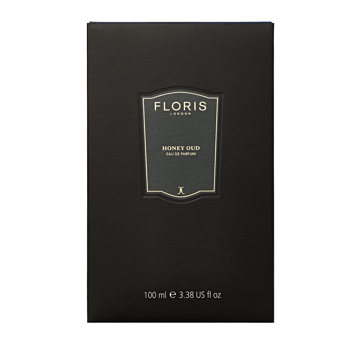 A black rectangular box of Floris London Honey Oud - Eau de Parfum, 100ml, with gold and white text and a rich English honey and oud aroma.