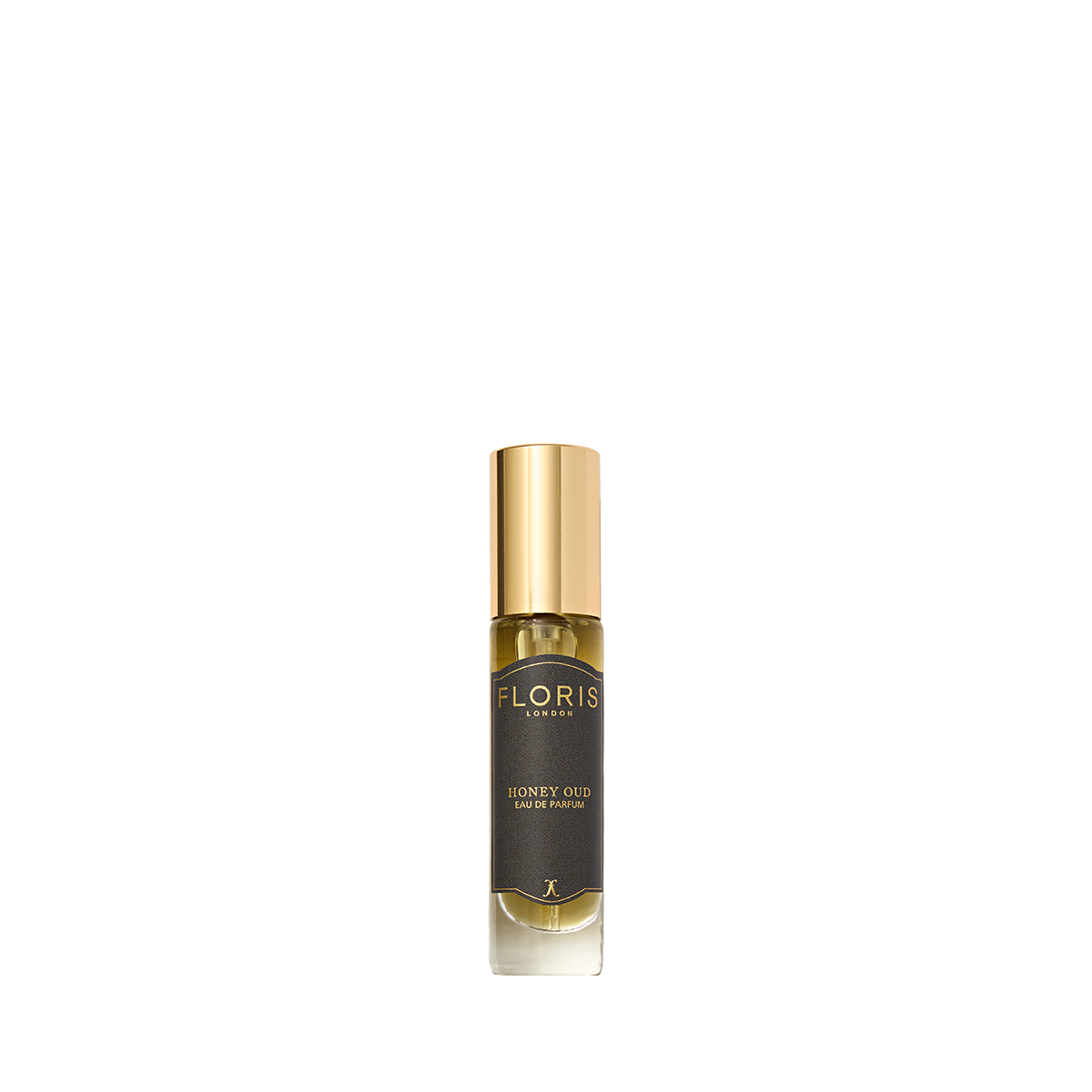 A bottle of Floris London Honey Oud - Eau de Parfum with a gold cap, featuring English honey and oud oil, set on a plain white background.