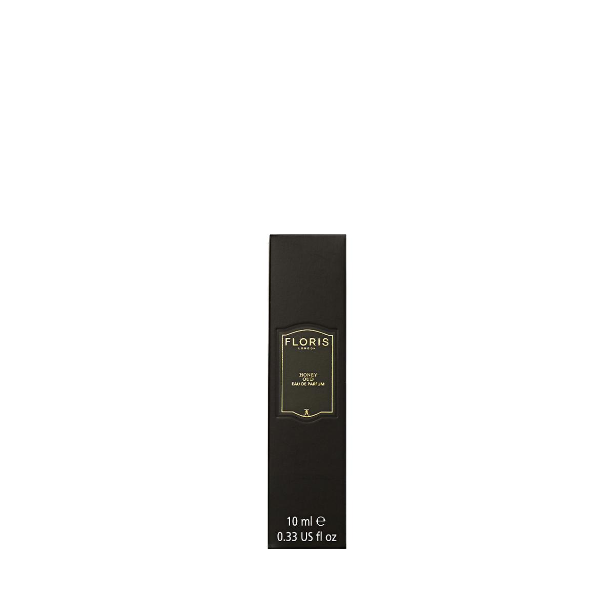A black rectangular box of Floris London Eau de Parfum, 10 ml, labeled "Honey Oud" with gold text—an elegant oud scent with hints of honey.