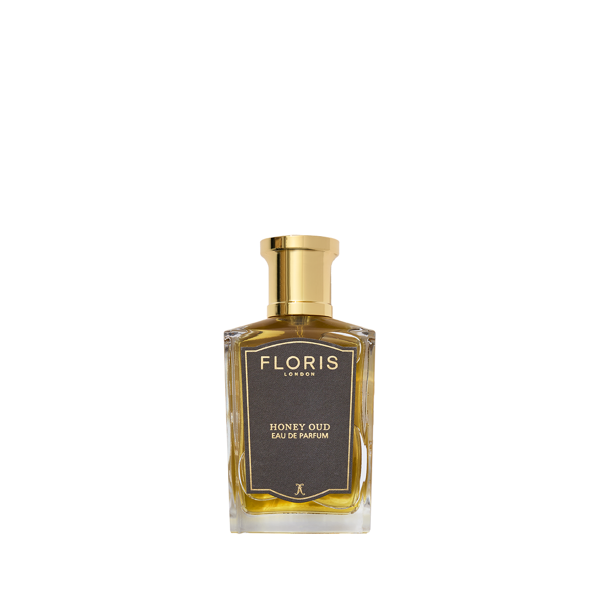 Floris London Honey Oud - Eau de Parfum features a gold cap, gold label, and amber liquid, infused with English honey and oud oil.