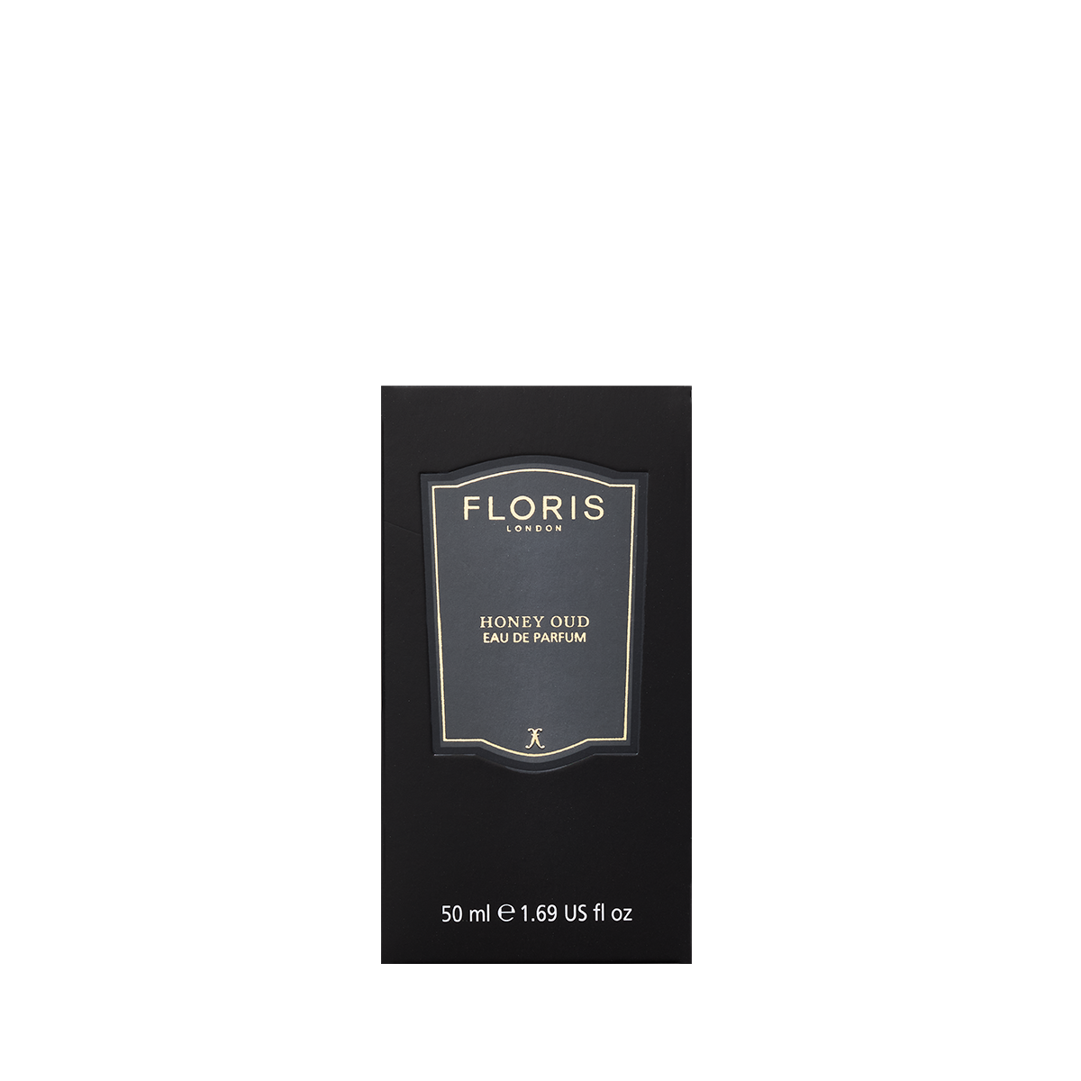 A black rectangular box of Floris London Honey Oud - Eau de Parfum, 50ml, with a gold and white label and notes of English honey and oud oil.