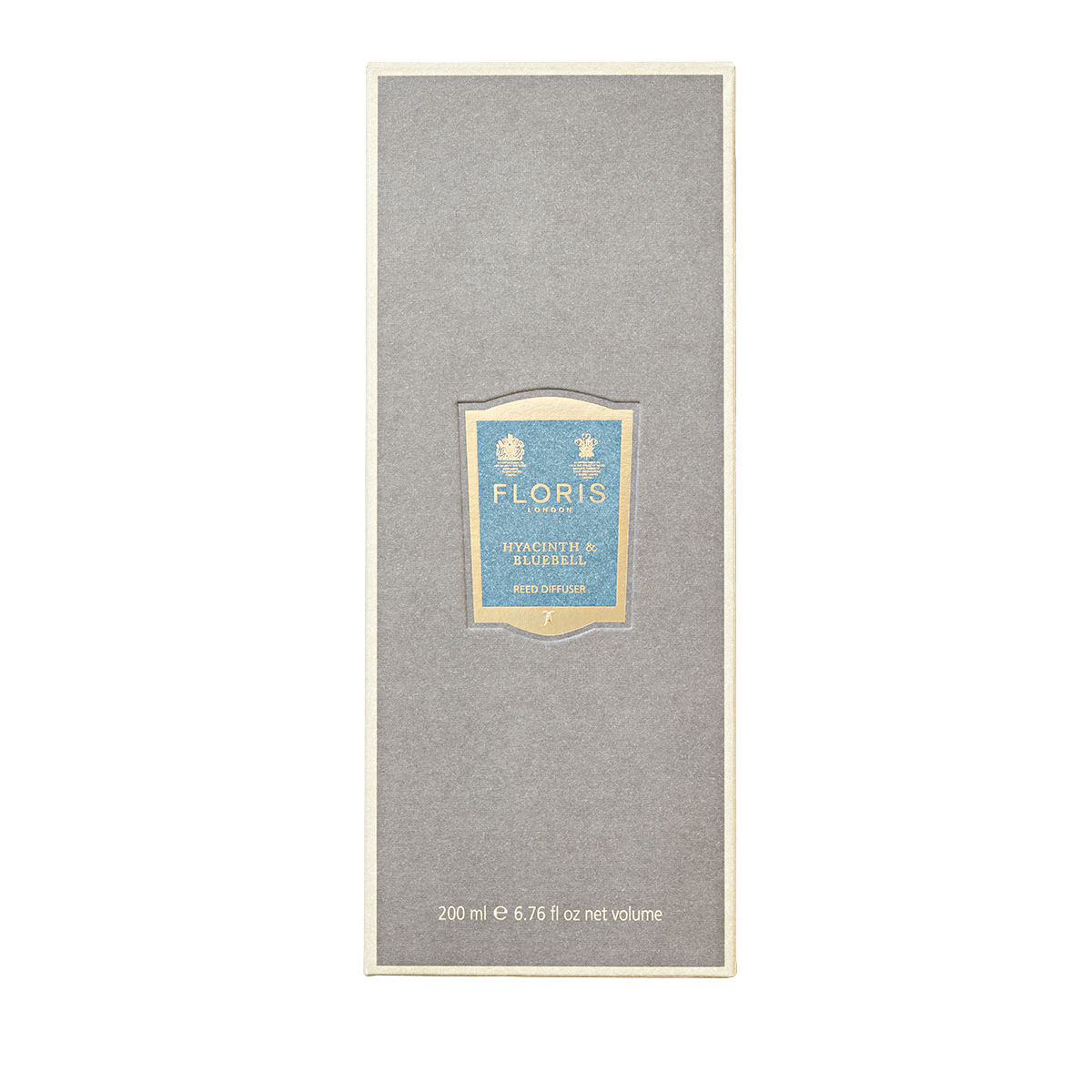 A rectangular gray box with a blue and gold Floris London label holds the Hyacinth & Bluebell Reed Diffuser (200ml) in a green floral fragrance.