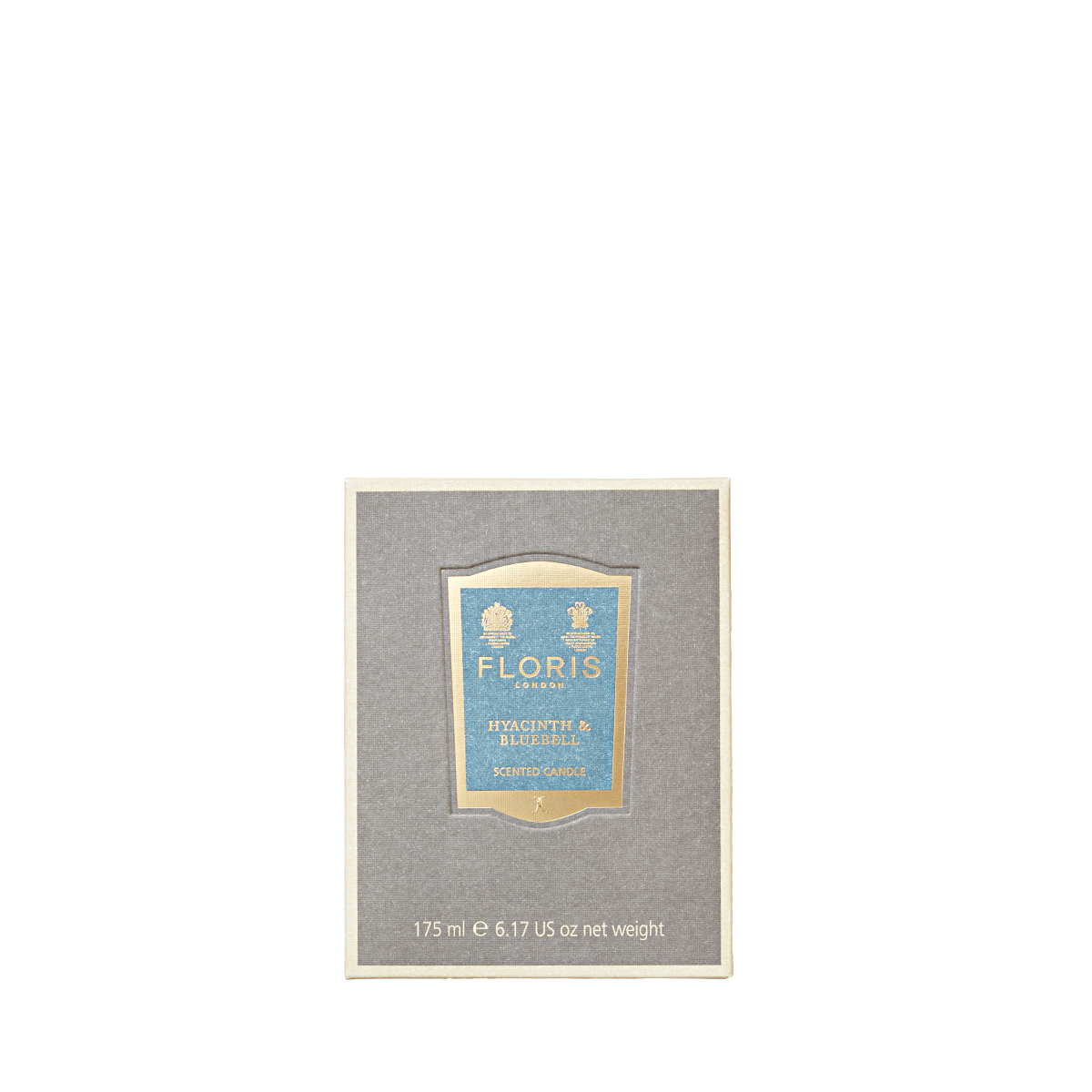 The Floris London Hyacinth & Bluebell Candle, 175ml, comes boxed in grey with a blue and gold label—a simple green floral scented candle.