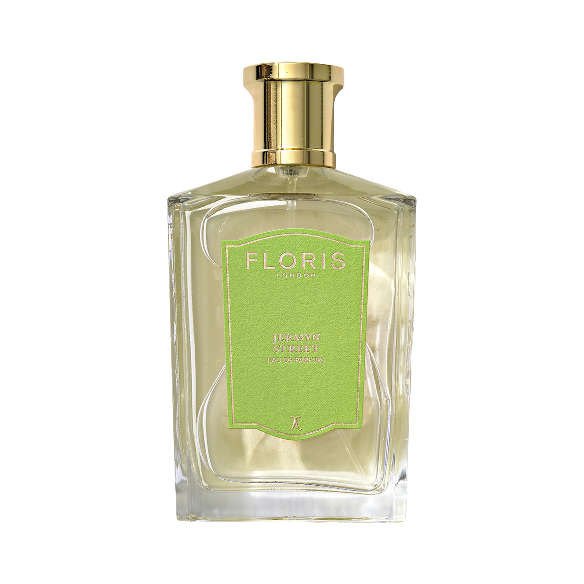 A clear glass bottle of Floris London Jermyn Street - Eau de Parfum, with a gold cap and green label, displayed against a white background.