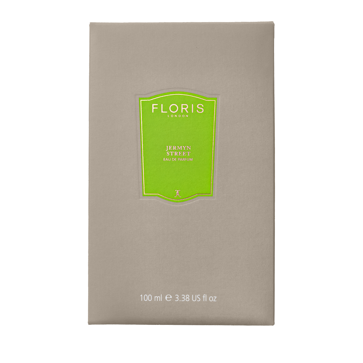 A beige box with a green label shows "Jermyn Street - Eau de Parfum" by Floris London, a vetiver scent, with a volume of 100 ml (3.38 US fl oz).