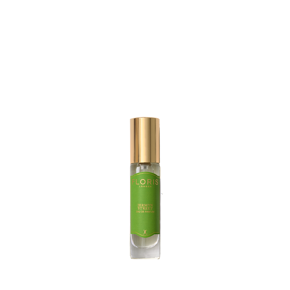A small glass bottle of Floris London Jermyn Street Eau de Parfum with a green label and gold cap, displayed against a plain white background.
