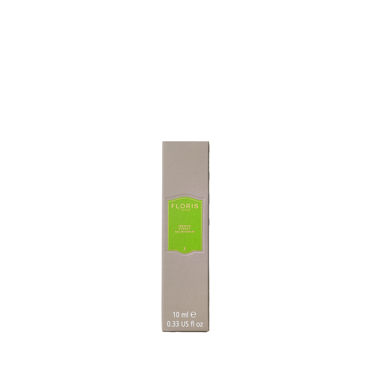 Beige rectangular box of Floris London Jermyn Street Eau de Parfum, 10ml, with a green label—this scent features fresh gin fragrance notes.
