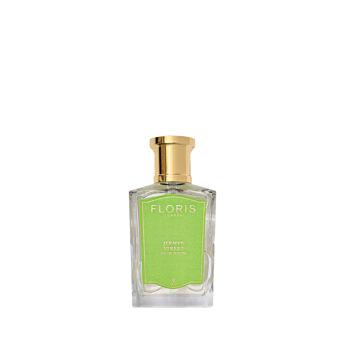 A clear glass bottle of Floris London Jermyn Street - Eau de Parfum, featuring a green label and gold cap, displayed on a white background.