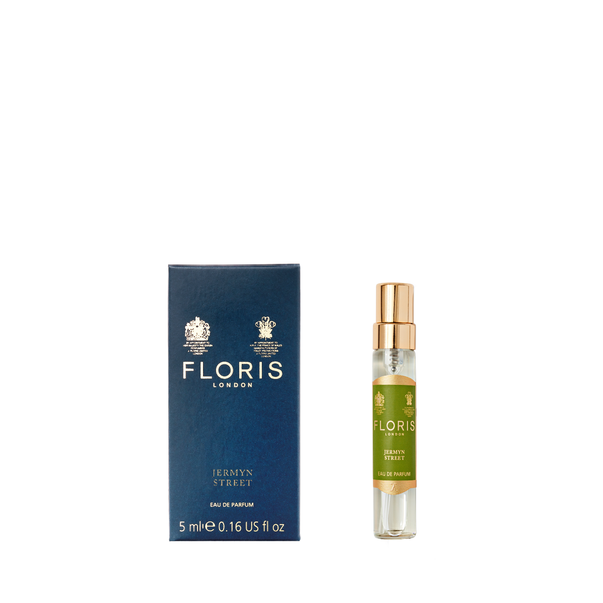 A 5 ml bottle of Floris London Jermyn Street - Eau de Parfum and its blue box are displayed on a white background.